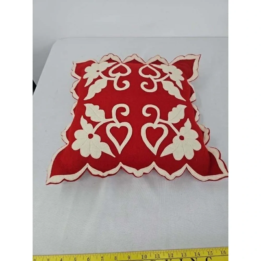 Handcut Reverse Applique Wool Blend Floral Pillow Cover Red Cream Hungary 16x16